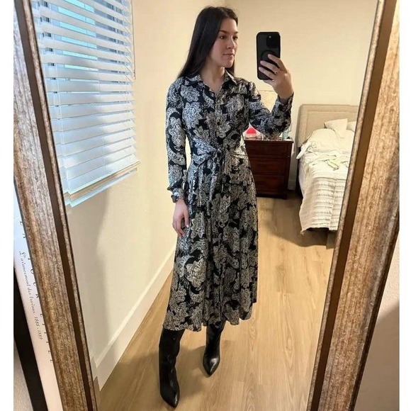 Shoshanna Essie Dress Black Ivory Floral Print Long Sleeve Shirt Dress Size 6 - Picture 5 of 15
